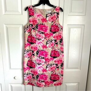 Kim Rogers Dress Womens 14 Pink Black Floral Linen Shift Sheath Classic Office